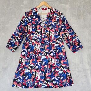 J.Crew Dress Womens Size Large Floral Butterfly Print Lace Up Front Blue Mini